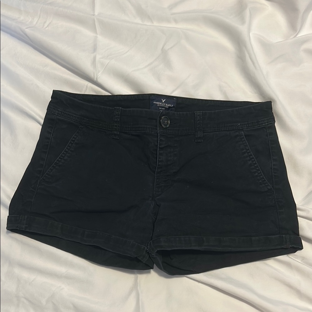 American Eagle Stretch Modo Black Jean Shorts with Cuffed Hems and Tailored Fit